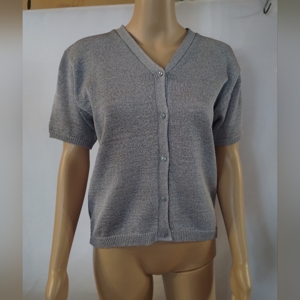 Sag Harbor Gray Button Front Cardigan Sweater Medium Lightweight Short Sleeve